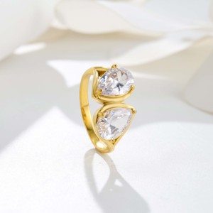 Delicate Gold & <b>Silver</b> Two-Stone <b>Ring</b>, Sparkly Pear Zircon Bezel Setting, Elegant Solid Band, Perfect for <b>Stacking</b>, Gifting & Da - Product Image 3