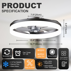 19.7'' LED <b>Ceiling</b> <b>Fan</b> Light with <b>Remote</b> & App <b>Control</b>, 6 Speeds, Dimmable, 3000K-6500K, Flush Mount BLACK Fandelier for Bedroom - Product Image 6