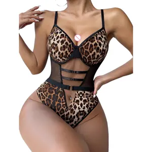 2024 Hot Gift Valentine's Day Ladies Passion Strap Leopard Print Hollow Push Up Bra One-piece Underwear Sexy Nightie Lingerie