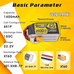 Batería LiPo TATTU R-Line Versión 5.0 V5 22.2V 1200/1400mAh 150C 6S1P ABS para RC Quadcopter, Conector XT60, FPV, Auto, Barco - Product Image 3