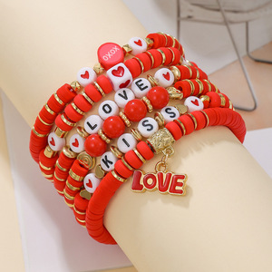 Valentine's Day Polymer Clay <b>Bracelets</b> Set Heart Shape Women Jewelry Love XOXO Charm Fashion <b>Beaded</b> <b>Bracelets</b> - Product Image 2