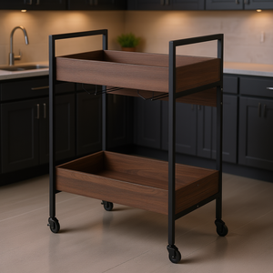 Carrello da cucina in noce con 2 ripiani, carrello moderno per conservazione e organizzazione in cucina - Product Image 2