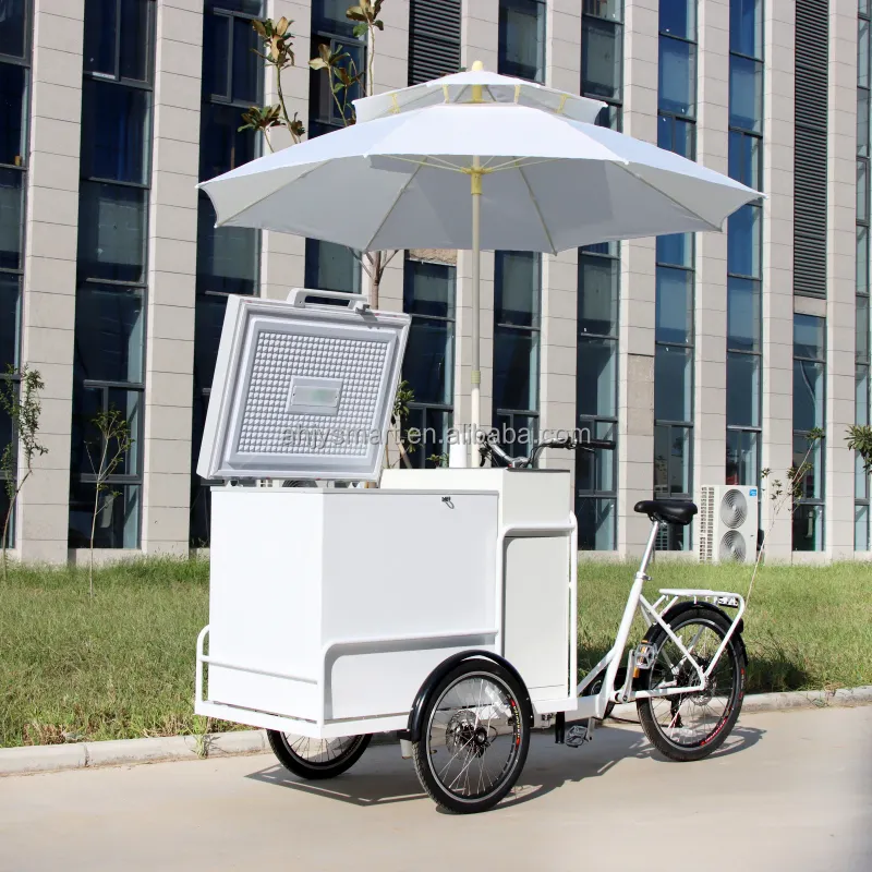 Triciclo eléctrico de tres ruedas para helados de carga frontal comercial con nevera grande, bicicletas expendedoras de helados callejeros a la venta