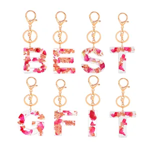 Luxury Design Handmade Real Rose Flower And Gold Foil Inside 26 Letters Key Rings Gold Chain Resin Keychain For Gift