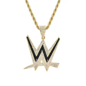 Creative Letter W Pendant Rope Chain Necklace Men's Iced Out CZ Stone Initial Letter Pendant Enamel Charms Hip Hop Jewelry