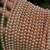 Chaîne de perles de culture d'eau douce Zhuji, qualité AA, forme presque ronde, 5-6 mm, couleur rose, perles semi-finies pour la fabrication de bijoux