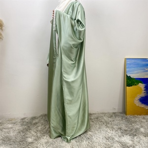 Light Shiny Satin Silk Abaya Batwing Sleeve <b>Cardigan</b> with Cute Lace for Muslim Women Islamic Clothing 1429# - Product Image 4