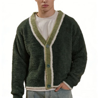 Veste cardigan surdimensionnée en coton personnalisée en gros, pull en mohair pour homme à col en V rayé jacquard duveteux pour l'automne