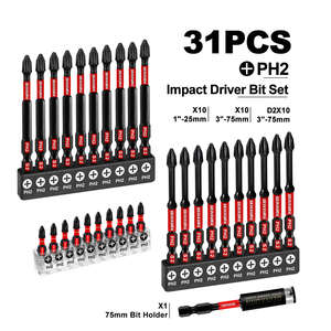 Stock d'entrepôt américain 31 pièces/ensemble 25mm/75mm PH2 D2-PH2 Embouts de tournevis en acier S2 à couple élevé, PZ uni pour le bricolage, meubles OEM/ODM - Product Image 2