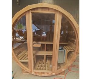 Prix de gros Sauna tonneau extérieur personnalisé pour 6 personnes Sauna tonneau en bois de cèdre rouge Salle de sauna avec poêle Harvia - Product Image 1