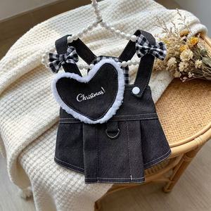 Denim <b>Overalls</b> Pet Dress With Heart Patch And Bowknot For Cats Dogs Princess Style Lightweight Spring Summer Wear - Product Image 1