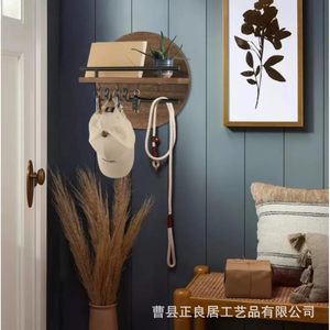Wooden <b>Wall</b> <b>Mounted</b> <b>Shelf</b> Round Key Holder Entryway Storage Rack Office Organizer Solid Wood Background Decoration - Product Image 3