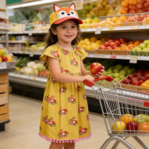 Vestido Infantil Personalizable con Estampado de Zorro para Niñas - Vestido Tipo A de Manga Corta con Volantes y Adorno de Pompones, Ropa Casual para Niños - Product Image 3