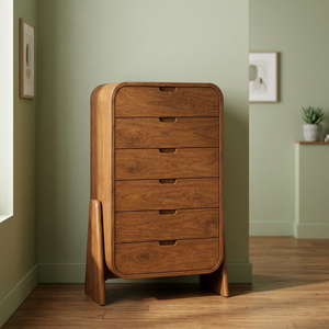 Commode à 5 tiroirs en bois de manguier massif avec bords arrondis et pieds inclinés, style moderne du milieu du siècle, pour chambre à coucher - Product Image 1