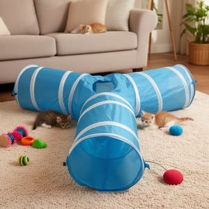 Tunnel interactif pliable à 3 voies pour chatons et chats, bleu et blanc, avec balles et accessoires - Product Image 2