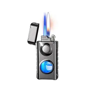 Wholesale Two Types Of Flames Gas Lighter Metal Lighter With LED Blue Visible Gas Window