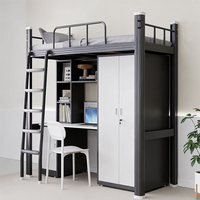 Lit mezzanine pour enfants en métal gris et noir, gain de place, avec bureau, tiroirs et placard