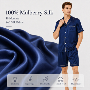 Ensemble pyjama homme en soie à manches courtes et short, vêtements de nuit et de détente, personnalisable avec logo, doux, respirant, pour l'été - Product Image 2