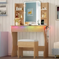 Coiffeuse de chambre moderne en chêne avec miroir LED, prise de courant, 3 modes d'éclairage, luminosité réglable, ensemble de table de maquillage avec rangement