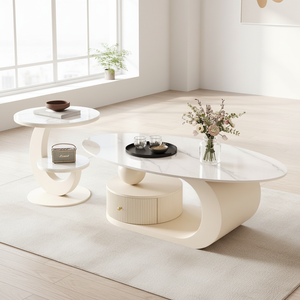 Tavolino da Caffè <span class=keywords><strong>Moderno</strong></span> Ovale in Legno Massello e Pietra con Design Durevole, Garanzia <span class=keywords><strong>di</strong></span> 2 Anni per Soggiorno - Product Image 6