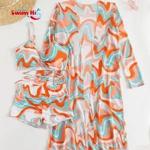 Summer Ladies Beach Wear Printed High Waist Long Sleeve Smock 3 Piece Swimsuits For Women 2024