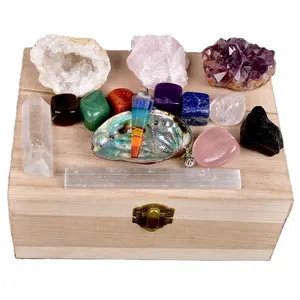 Kundenspezifische natürliche kristall steine für healing holz box set charme 7 Chakra edelstein Steine Kit