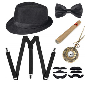 Ensemble d'accessoires pour homme des années <span class=keywords><strong>1920</strong></span> : Chapeau Fedora, Bretelles, Brassards, Nœud papillon à nouer, et Oreilles – Kit de déguisement - Product Image 1