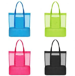 Bolsa de Playa Tipo Cubo con Doble Capa de Malla de Nailon, Cierre Abierto, Diseño a Rayas y Compartimento Refrigerante en la Parte Inferior para el Verano - Product Image 1