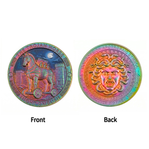 Moneda de desafío de 1 oz de cobre puro .999, estampada e impresa UV, con diseño de Caballo de Troya y Medusa, inspirada en la mitología griega, con patina arcoíris y arte de ataque nocturno - Product Image 1