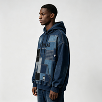 Sweat-shirt Streetwear Oversize à Capuche avec Cordon de Serrage, Broderie Multi-Patchs en Grille, Bords Effilochés, Effet Déchiré et Poche Kangourou, Impression DTG Kornit