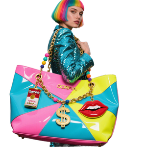 Дизайнерская роскошная сумка GORFIA модная яркая Лоскутная сумка-тоут с декоративными долларовыми подвесками для губ для женщин - Product Image 3