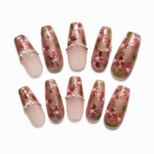 Uñas Postizas 3D con Diseño Floral Rosa y Perlas, Uñas Artificiales de Cobertura Completa, Pre-Diseñadas, Removibles, Extensiones de Uñas de Plástico para Dedos - Product Image 3