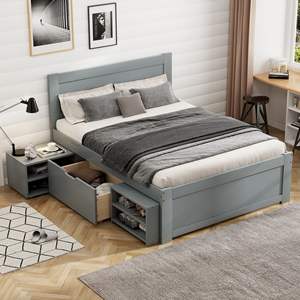 DB Elegant Gray Twin Size <b>Platform</b> <b>Bed</b> <b>with</b> Drawer and Two Shelves Practical <b>Storage</b> Furniture for Bedroom - Product Image 3