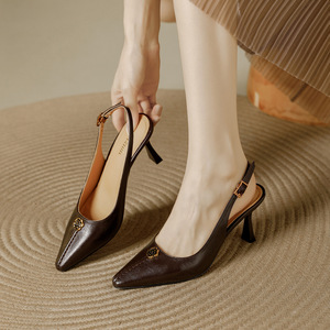 Elegant Women's Pointed Toe Slip-On Slingback Pumps Genuine Leather Brown <b>Heels</b> Anti-Slip Buckle All Seasons Comfort Shoes - Product Image 1