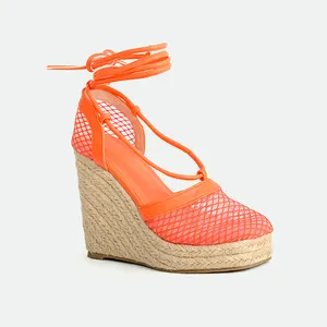 Custom women's shoes Laffia woven wrapped sole orange fishnet strap waterproof platform sandals