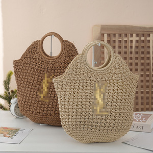 Bolso de paja artístico estilo francés de verano, bolso de mano casual para mujer estilo resort, con asa de anillo redondo, tejido calado, <span class=keywords><strong>boca</strong></span> abierta y forma cuadrada - Product Image 2