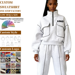 เสื้อฮู้ดดี้ผู้หญิง TKAN461 แบบลำลอง ทรงหลวม ผ้าฟลีซคอตตอน ตัดเย็บแบบสั่งทำพิเศษ ซิปครึ่งตัว สองชิ้น สไตล์สตรีทแวร์ ปักลาย - Product Image 1