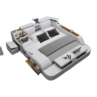 Limlamlim Tech Modernes Smart-Bett in King-Size mit Echtlederbezug, Multifunktions-Plattformbettrahmen mit Beamer und Luftreiniger