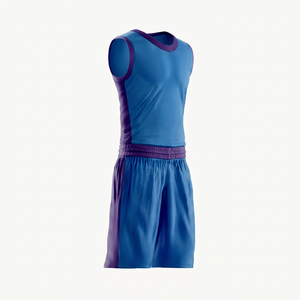 Ensemble d'uniformes de basketball personnalisés pour adultes – Maillot sans manches et short – Tenue d'équipe bleu et violet respirante 100 % polyester pour entraînement et match - Product Image 3