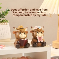 Figurine en résine de vache des Highlands mignonne, mini sculpture d'animal de dessin animé avec accessoires pour cadeau et décoration