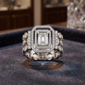 Emerald Cut Diamond <b>Cocktail</b> <b>Ring</b> Women's 18K Solid <b>Gold</b> Rhodium Plated Luxury Geometric Engagement <b>Ring</b> - Product Image 3
