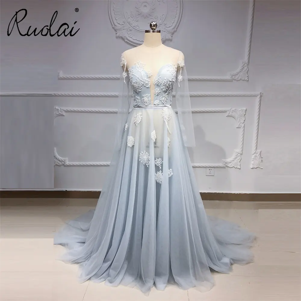 Ruolai-vestido de noche de tul transparente para mujer, vestido de noche de manga larga con apliques de diente de león, LWC6753