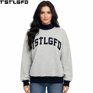 Cut And Sew Embroidered Mock Neck <b>Sweatshirt</b> <b>women</b> Heather Gray <b>Black</b> Colorblock Oversized Streetwear Wholesale Bulk - Product Image 1