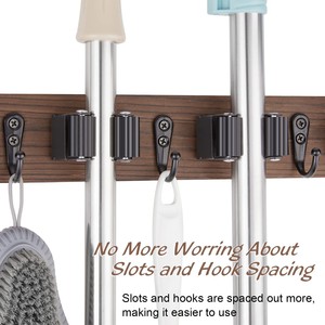 Solid Wood Wall Mounted Storage Rack With <b>Hooks</b> For Cleaning Tools And Supplies Punch Free Lacquered Finish - Product Image 2