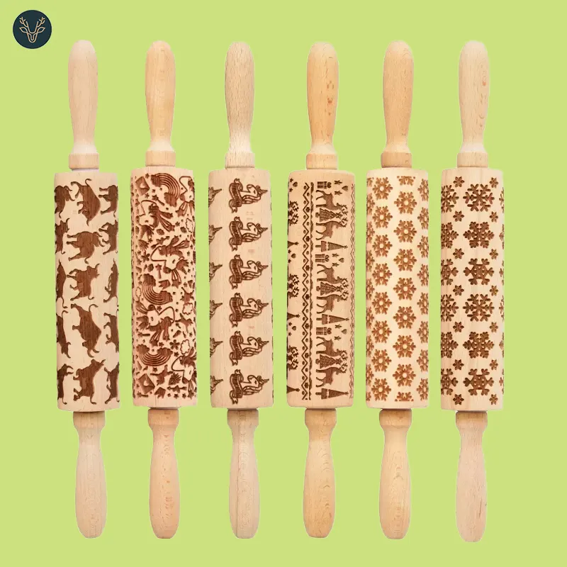 Christmas Flower Snowflake Pattern Rolling Pin Beech Wooden carving fondant Embossing Baking cookie BAKING ROLLER Rolling Pin