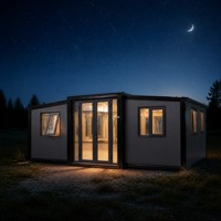 Maison préfabriquée modulaire extensible en conteneur, structure en acier, murs en panneaux sandwich, ignifuge, imperméable, résistant au vent, isolée.