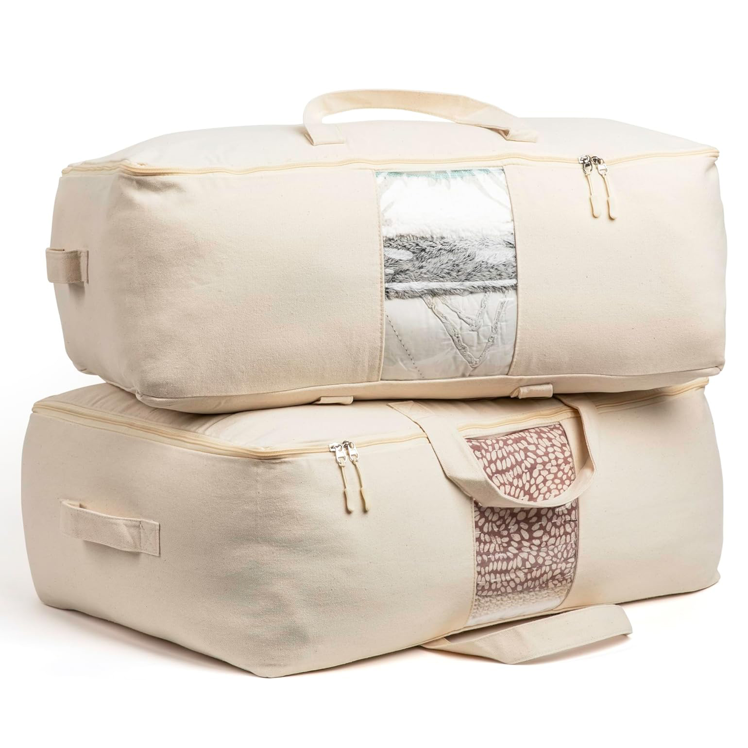 Soft Canvas Storage Bags with Zipper Thick Breathable Comforter Organizer Four Carrying Handles and Window