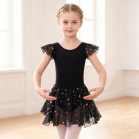 Justaucorps de ballet pour filles à manches volantées, jupe imprimée étoiles et lunes, tenue de danse pour tout-petits en spandex respirant pour la pratique et les récitals