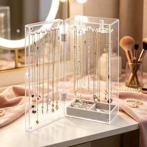 Clear Acrylic <b>Jewelry</b> <b>Storage</b> Box, Dustproof Necklace Holder with Hanging Hooks & Velvet Tray for Rings Bracelets Display - Product Image 6