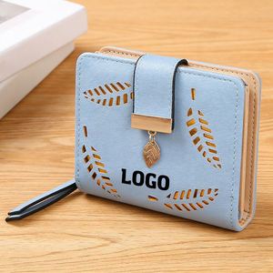 Nouveau design, portefeuille en cuir ajouré à motif feuilles pour femme, sac à main, étui de téléphone, sac imprimable, style coréen, portefeuilles courts pour femmes - Product Image 1